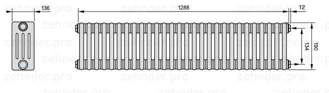 Схема (чертеж) Радиатор Zehnder Charleston 4019/28 №7610 Белый глянцевый RAL 9016